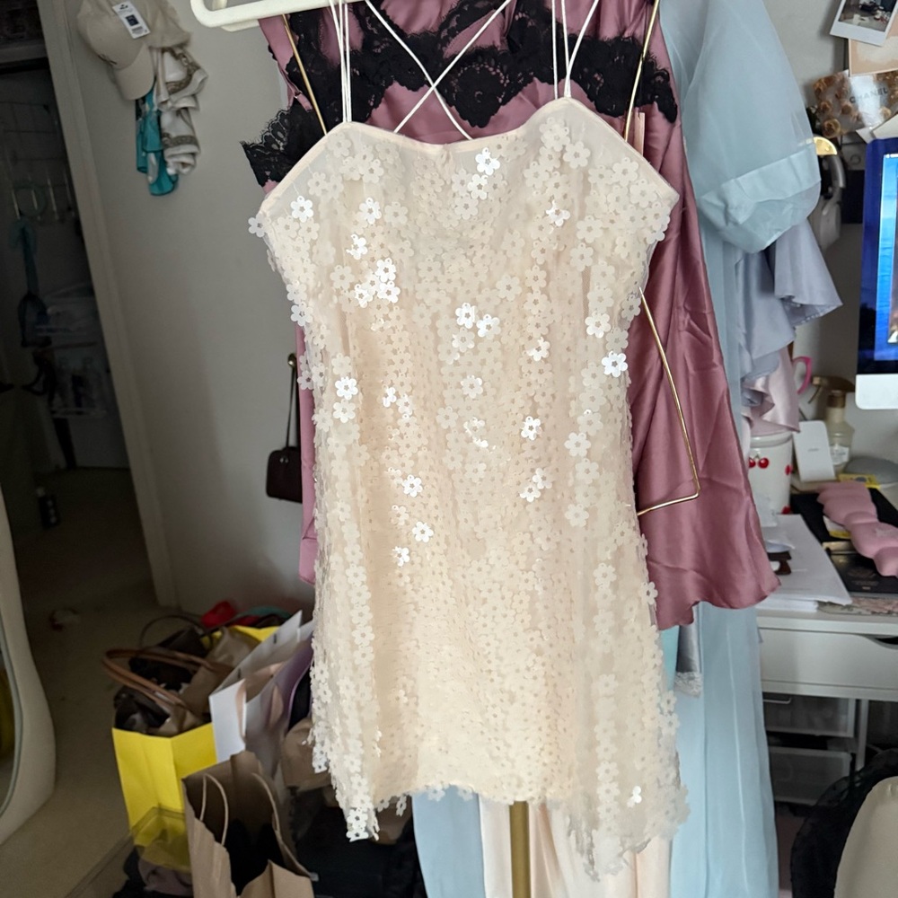 Zara Ivory Sequin Floral Mini Dress